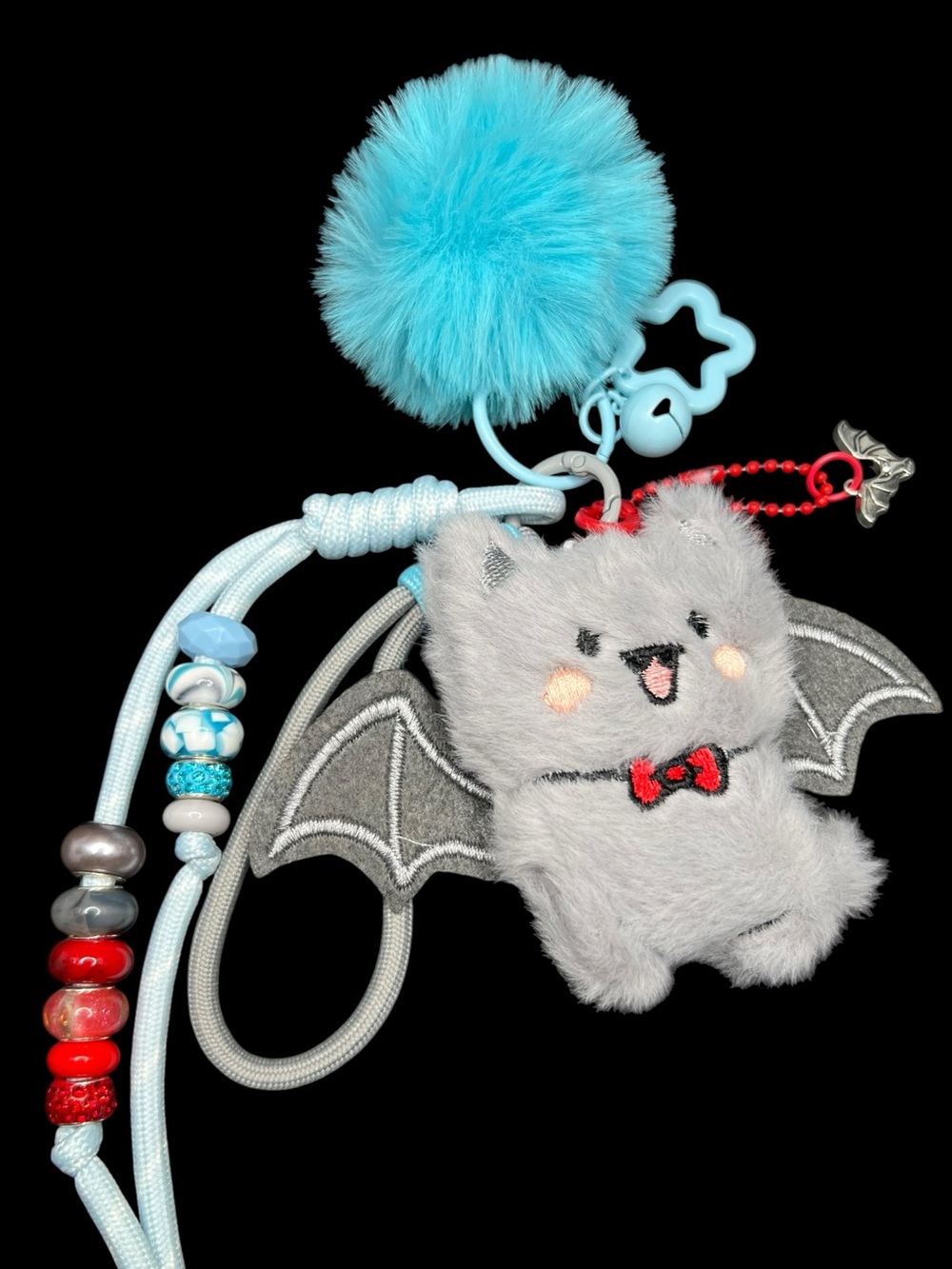 NWT Handmade Gray Bat Cat Plush Keychain w/ Blue Pom Pom Charm 🦇🩵🐾